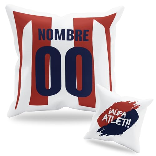 Cojín Personalizado Fútbol - Diseño Doble Cara con Relleno Incluido - Regalo Original Aficionados del Fútbol - Regalo Camiseta Equipo Fútbol - Apto para Lavadora (A. Madrid, 35 x 35 cm)