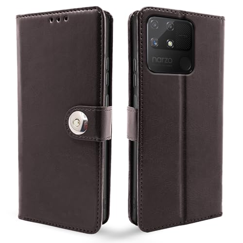 Image of Pikkme Realme Narzo 50A Flip Cover Leather Finish | Inside TPU with Card Pockets | Wallet Stand and Shock Proof | Complete Protection Button Flip Case (Coffee)