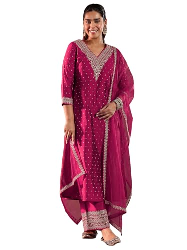 Image of Libas Woven Design Silk Blend A-Line Kurta With Trouser and Dupatta