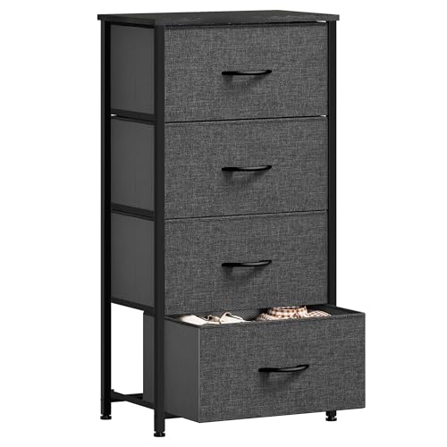 GOOBED Storage Tower with 4 Drawers - Fabric Dresser, Organizer Unit for Living Room, Closets - Sturdy Steel Frame, Easy Pull Fabric Bins & Wooden Top