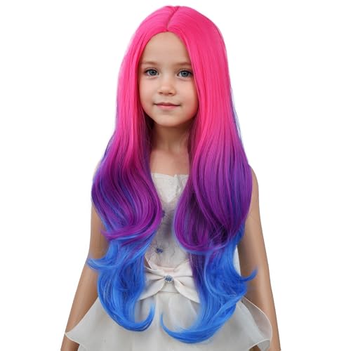 Image of PATTNIUM Rose Ombre Blue Wig Hot Pink to Blue Wig for Kids Child Girls Long Wavy Curly Ombre Blue Wig Girls Heat Resistant Synthetic Hair Wigs