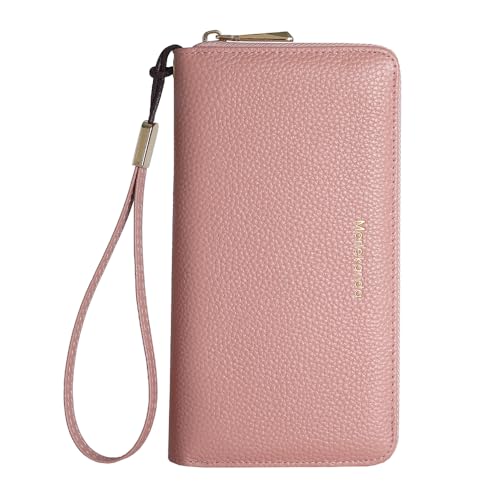 Fashionable long RFID leather women's wallet, large capacity multi slot phone case, zipper closure, detachable wrist strap, hand-held wallet (Pink)