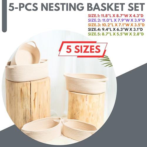 Image of MINTWOOD Design 5-Piece Storage Baskets for Organizing, Small Woven Rope Baskets for Storage and Shelves, Dog Cat Toy Basket Box, Pantry Bathroom Organization Bins, Nightstand Organizer, Beige