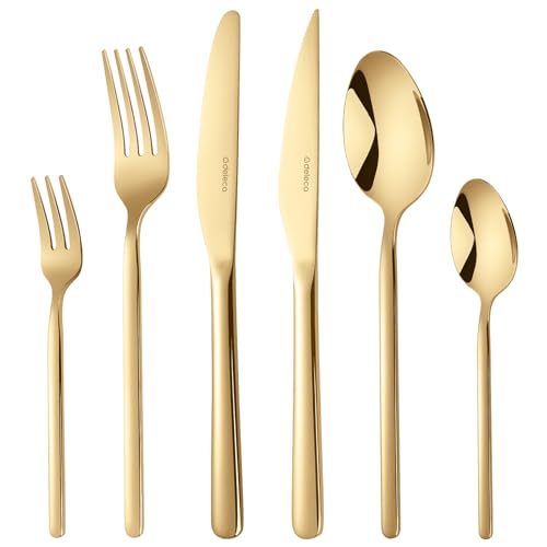 Deleca Goldenes Edelstahl Besteckset 6 Personen, 36-teiliges Essbesteck 6 Personen Spülmaschinenfest, Rostfrei Tafelbesteck Goldbesteck, Messer Gabel...