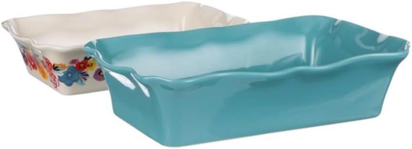 Pioneer Woman Flea market 2-Piece Rectangular Ruffle Top Ceramic Bakeware Set, Casserolla,Peach Cobbler,Apple Pie Dish.