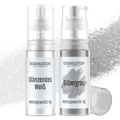 Essbarer Glitzer Spray Silbergrau & Weiß, Wwtop 2 Farben set Lebensmittel Glitzer für Getränke Puder Essbar für Backen, Erdbeeren, Cupcakes, Kuchen, Fondant, Cocktails, Schokolade (5g)