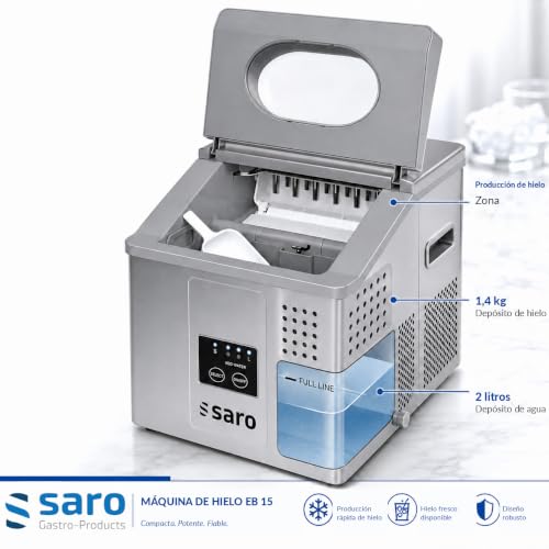 Miniatura 5 de Saro Eb 15 Pro Cubitera De Acero Inoxidable, 15 Kg 24 H, 3 Tamaños De Hielo A Elegir, Tanque De Agua De 2 L, Depósito De 1,4 Kg