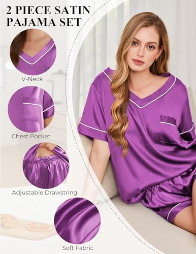 Image of Silk Pajamas for Women Short Sleeve Satin 2 Piece Pj Set Soft V Neck Sleepwear Loungewear, S-XXL