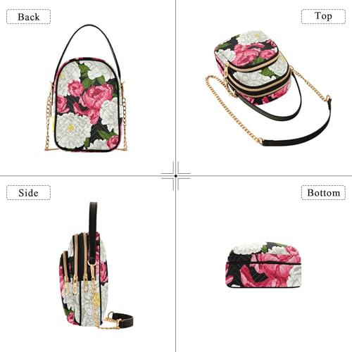 Pink White Peonies Floral Shoulder Handbags for Women Phone Handbag Small Chain Purse Floral Print Zipper Designer Bowler Tote, 5.9" × 8.3" × 3.1"4