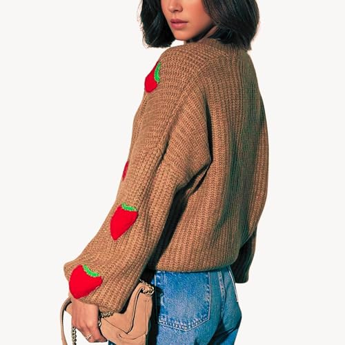 Image of FindThy Women's Kawaii Strawberry Embroidered Cardigan Long Sleeve V Neck Chunky Knitted Cardigans Tops