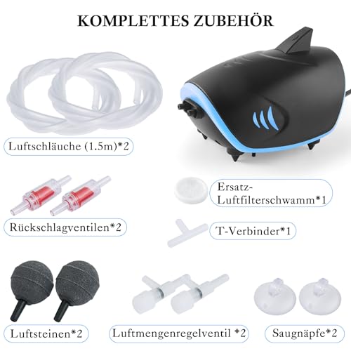 FEDOUR 300LPH Ultra-leise Aquarium-Luftpumpe mit 2 Luftauslässe, 3W einstellbare Aquarium-Luftpumpe, haiförmige Belüfter-Sauerstoffpumpe, für bis zu 350L Aquarium
