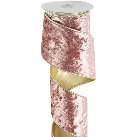 DINDOSAL Rose Gold Wired Ribbon 4 Inch x 10 Yards Rose Gold Crushed Velvet ribbon with Gold Backside, Pink and Gold Wired Ribbon for Christmas Tree Decorations, Large Bows Making, Garlands and Wreaths Cover