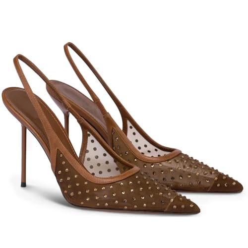 Mesh Slingback Heels for Women Sparkly Rhinestone Stilettos High Heel Pumps Women’s Pointed Toe Sandals Slip On Party Wedding Dress Shoes