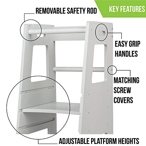KidzWerks Child Standing Tower - Grey Child Kitchen Step Stool with Adjustable Standing Platform - Wooden Montessori Standing Tower - Kid's Step Stool
