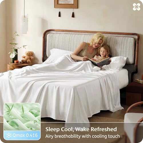 Image of Bedsure 100% Organically Grown Bamboo Viscose California King Sheet Sets | Cooling Bedsheets for Hot Sleepers | Luxury Silky Soft | 18 inch Deep Pocket with Corner Straps | Oeko-Tex Certified [White]