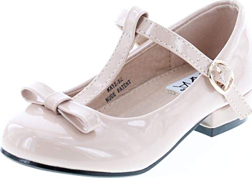 Anna Kate-5K Kids Low Heel Ankle Strap Bow T-Strap Mary-Jane Shinny