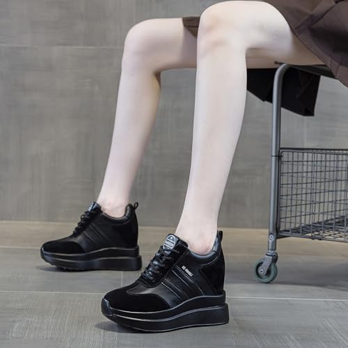 Image of AONEGOLD Platform Sneakers High Hidden Heel Sneakers for Women Wedge Leather Upper Fashion Lace up Increasing 3.94 inch