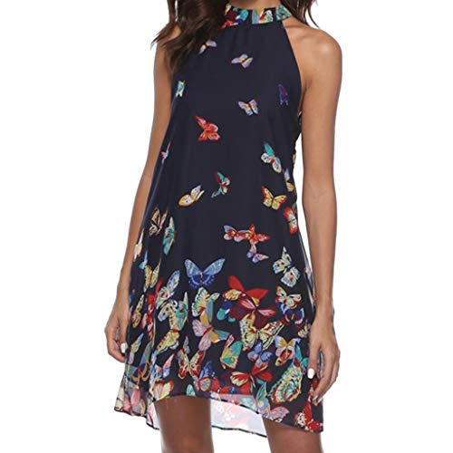 Womens Dress Floral Printed Halter Neck Sleeveless Off Shoulder Chiffon Pleated Hem A-line Sundress Casual Beach Party Swing Mini Dresses (M, Navy)