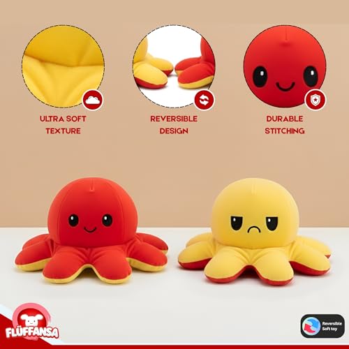 Image of Reversible Octopus Soft Toy for Kids | Best for Valentine & Birthday Gift | Stuffed Animal Plushie for Baby Boys and Girls | Flip Plush Toy for Adults | Red & Yellow