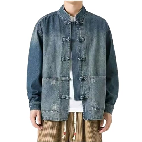 NCDUANSAN New Chinese style button up men's denim jacket, niche long sleeved jacket, casual and fashionable design hip-hop