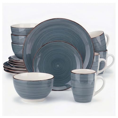 Alivio 16-Piece Porcelain Dinner Set, Lead-Free Blue Glaze Dinnerware Set for 4, Microwave & Dishwasher Safe Plates, Bowls & Mugs (Grey)