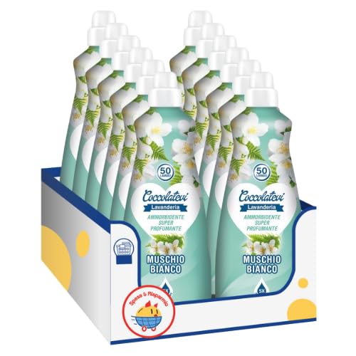 Ammorbidente Super Profumante per il Bucato Essenza Muschio Bianco – 50 Lavaggi – 1250 ml kit con Spugna Brandizzata SPESA & RISPARMIO Inclusa – Variazioni 4/8/12 Pezzi (12)