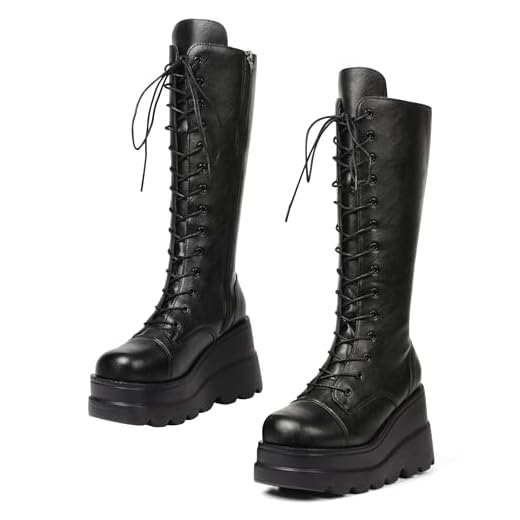 CELNEPHO Womens High Platform Mid Calf Wedges Chunky High Heel Round-Toe Side Zip Fanshion Combat Boots For Women