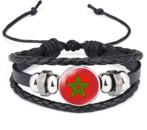 vmcoatdu Morocco National Flags Bangle Retro Alloy Leather Bracelet for National Flag Braided Rope Bracelet Bangle (Morocco)