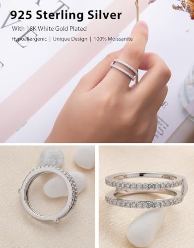 Moissanite Enhancer Rings for Women, D Color VVS1 Double Band Criss Cross Layered Design S925 Sterling Silver Plated 18k White Gold Jewelry X Wedding Promise Anniversary Ring4