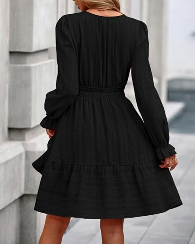 BTFBM Mini Dresses for Women 2026 Casual Lightweight Long Sleeve V Neck A Line Elastic Waist Party Holiday Dress - Image 4