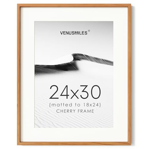 Image of 24x30 Poster Frame, USA-Sourced Natural Cherry Wood Picture Collage Frame with HD Tempered Glass, Modern Simple 24 x 30 Wooden Photo Frame Matted to 18x24, Vertical & Horizontal Wall Hanging Display
