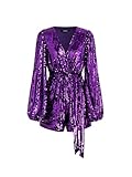 CIDER Women's Sequin V-neck Solid Belted Romper: Purple, Large