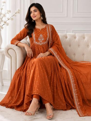 Image of Women's Cotton Embroidery Anarkali Kurti and Pant with Dupatta Set