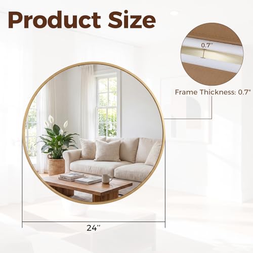Image of Sweetcrispy 24 Inch Round Wall Mirror, Bathroom Mirrors for Over Sink, Matte Metal Framed Circle Vanity Mirror, Wall Decor for Bedroom, Entryway, Anti-Rust, Tempered Glass, Hanging or Leaning, Gold