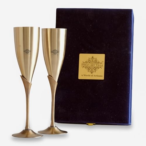 Indian Art Villa Brass Champagne Goblets Set of 2, Handcrafted Golden Finish Drinkware with Velvet Gift Box – Luxury Glasses for Champagne, Wine, Cocktails, Special Occasions & Gifting