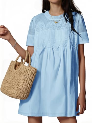 Womens Babydoll Lace Patchwork Mini Dresses Summer Short Sleeve Crewneck Sundress Cute Boho Ruffle Shirt Dress Light Blue