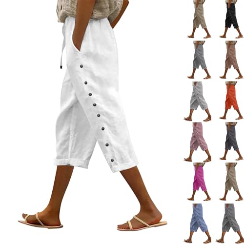 Linen Capri Pants for Women Striped Side Buttons Drawstring Capris Casual Comfy Baggy Beach Trousers Pant
