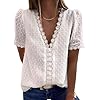 FARYSAYS Womens White Lace Shirts Chiffon Blouses Summer Classic Vintage Elegant V Neck Short Sleeve Tunic Tops for Work Office Ladies Medium