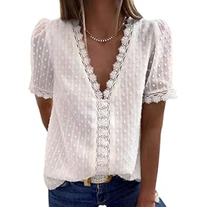 FARYSAYS Womens White Lace Shirts Chiffon Blouses Summer Classic Vintage Elegant V Neck Short Sleeve Tunic Tops for Work Office Ladies Medium