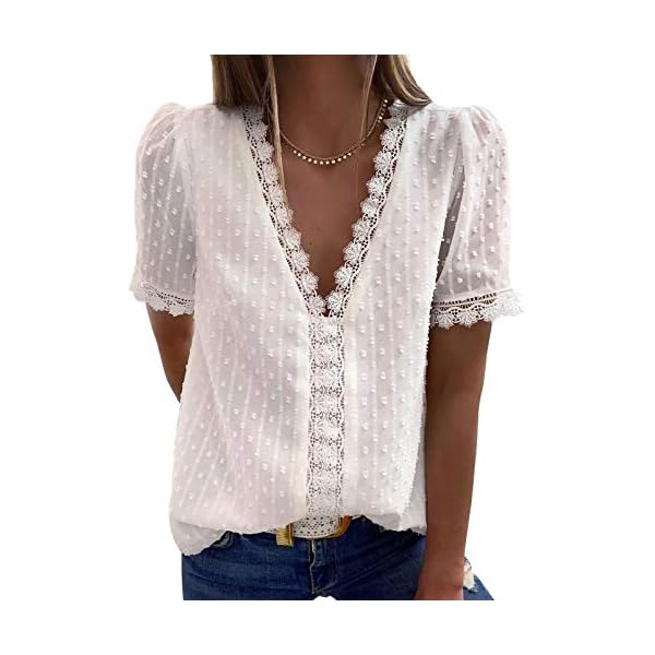 FARYSAYS Womens White Lace Shirts Chiffon Blouses Summer Classic Vintage Elegant V Neck Short Sleeve Tunic Tops for Work Office Ladies Medium