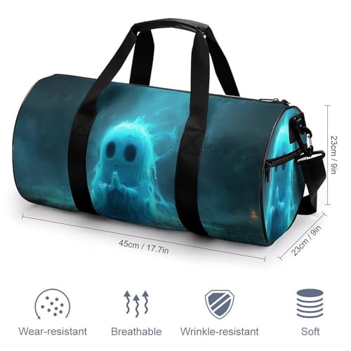 Funny Halloween Ghost Travel Gym Bag for Women Men Ghost Praying to The Sky Gothic Dark Academia Creepy Spooky Cylindrical Duffle Bag Sport Workout Bag with Shoulder Strap2