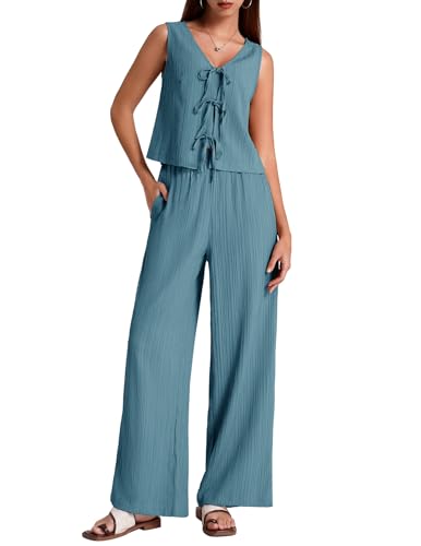BeryLove 2 Piece Sets For Women Matching Linen Summer V Neck Airport Crop Tank Top Wide Leg Pants Two Piece Set Casual Lounge Travel Vacation 2025 Tie front Vest Outfits 606 BlueGrey M