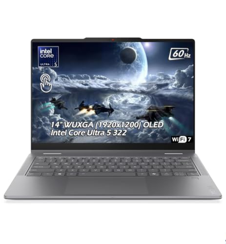 Image of Lenovo Yoga 7i 2-in-1 Laptop with Intel Core Ultra 5 322, 16GB LPDDR5x RAM 1TB SSD, 14 inch WUXGA OLED 100% DCI-P3 Touch Display, Wi-Fi 7, FP Reader, Win11, Luna Grey, w /USB Hub, W /GaLiMu