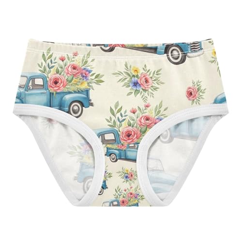 Toddler Girl Briefs, Blue Trucks Flowers Cream Cotton Underwear for Girls, 2–8 Years