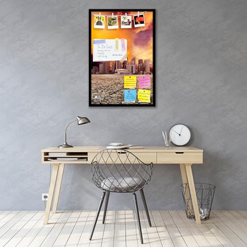 Image of ArtzFolio City Overlooking Desolate Desert | Bulletin Board Notice Pin Board | Vision Soft Board Combo with Thumb Push Pins & Sticky Notes | Black Frame | 12 x 18 inch (30 x 46 cms)
