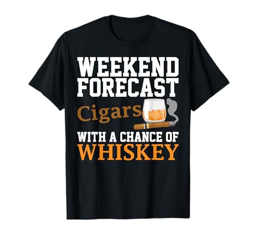 Cute Tobacco Smoker Alcohol Drinker Humor Designs Unisex Adults T-Shirt - Funny Weekend Forecast Cigars And Whiskey Gift For Men Women - Black - Short Sleeve - Crew Neck - Regular Fit - Small
