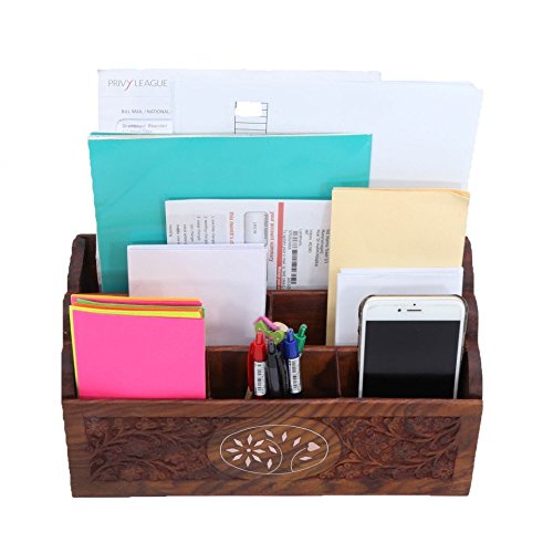 Stylla London Sheesham Wood Hand Carved Flower and Leaves Design Moroccan Style Letter Rack Holder Home Office Desk Mail Organiser