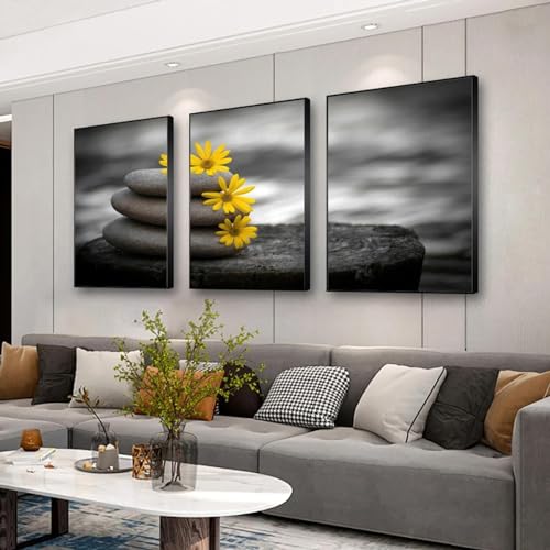Décoration murale salon moderne triptyque abstrait fleurs jaunes 3 panneaux 80x110 cm