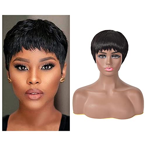 Baby Young Hair Short Human Hair Wigs For Black Women Pixie Cut Straight Hair Wigs (Short Black)