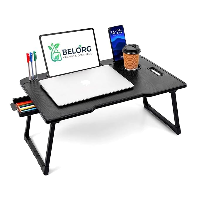 Image of Wood Smart Multipurpose Foldable Laptop Table with Cup Holder, Study Table, Bed Table, Breakfast Table, Foldable and Portable /Ergonomic & Rounded Edges /Non-Slip Legs (Black)